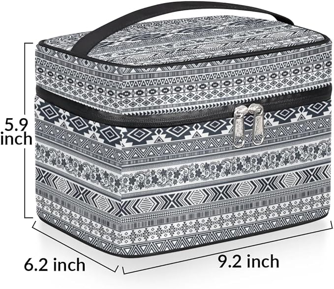 Large Makeup Bag Travel Cosmetic Bags for Women Grey Vintage Boho Geometric Chevron Aztec Makeup Organizer Case Toiletry Bag for Girls Traveling Wide Open Portable Pouch with Handle