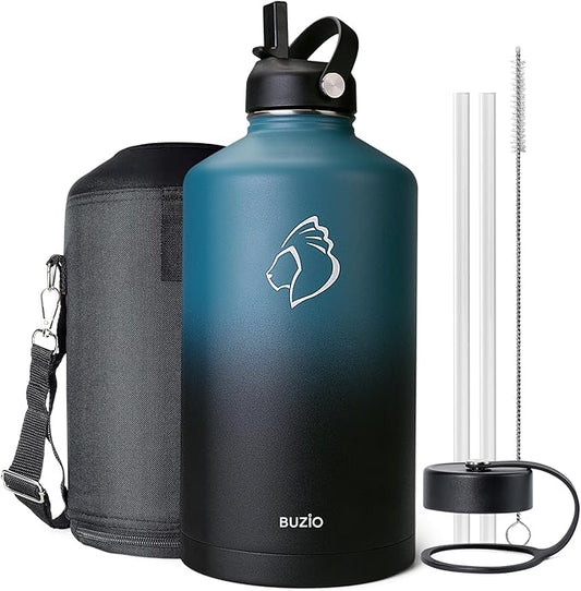 BUZIO 1 Gallon Water Bottle Insulated with Straw Lid, 128oz Large Water Jug Stainless Steel Metal Vacuum Water Flask Leak Proof 18/8 Food Grade Thermo Mug Keep Cold 48H & Hot 24H, Indigo Crush