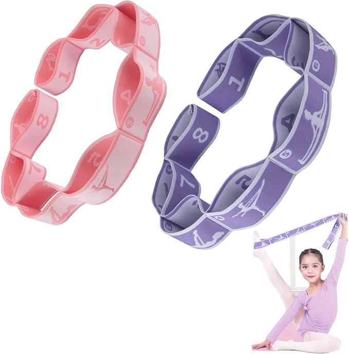 2pcs Stretch Strap for Kids,Elastic Yoga Stretching Strap with Loops, Multi-Loop Adjustable Exercise Stretching Bands,Stretching Resistance Ballet Bands for Dance, Latin, Gymnastics Exercis -8Loops