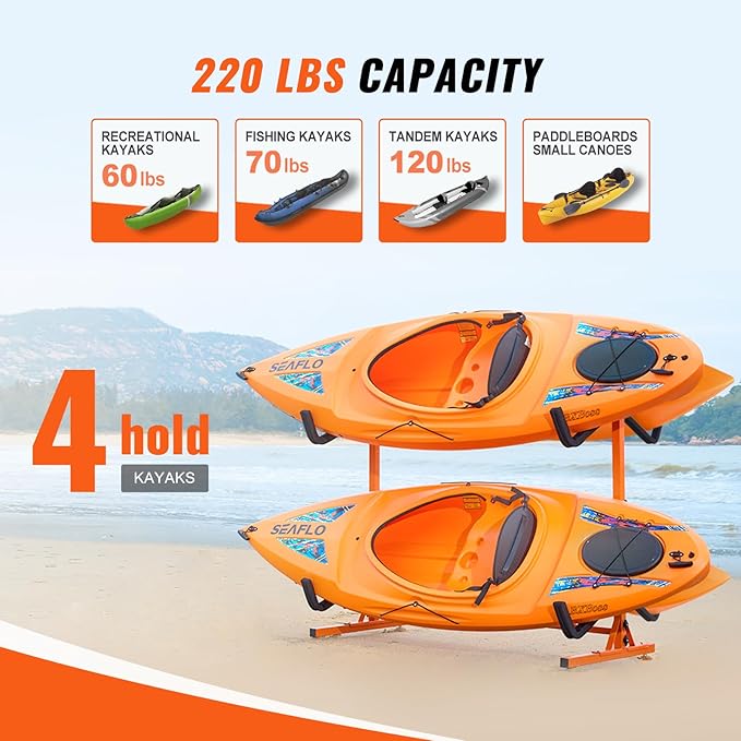 VEVOR Freestanding Kayak Storage Rack, Kayak Stand for 2 or 4 Kayak Canoe Paddleboard, Heavy-Duty Steel Kayak Hanger Holder with Padded Arms and Adjustable Width,for Indoor Outdoor Garage