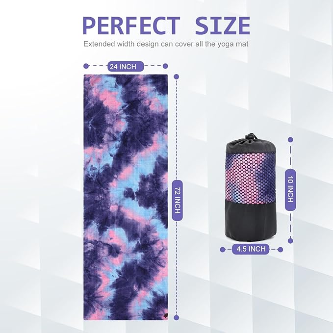 Eunzel 2 Pack Yoga Towel,Hot Yoga Mat Towel with Grip Dots Sweat Absorbent Non-Slip for Hot Yoga, Pilates and Workout 24" x72,Purple & Blue (2 Pack)