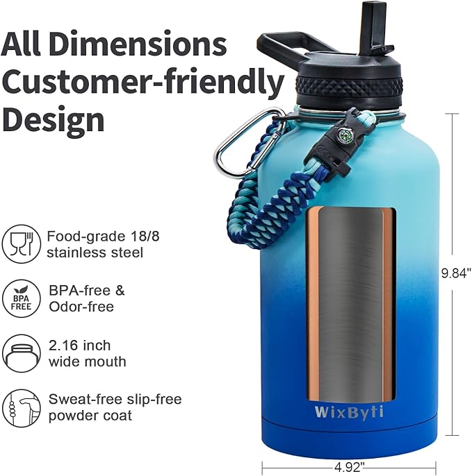 64 oz Insulated Water Bottle with Straw (Cold for 48 Hrs), Half Gallon Stainless Steel Triple Wall Vacuum Sports Water Jug, Leakproof Hydro Cup Flask with Straw Spout Lids & DIY Stickers