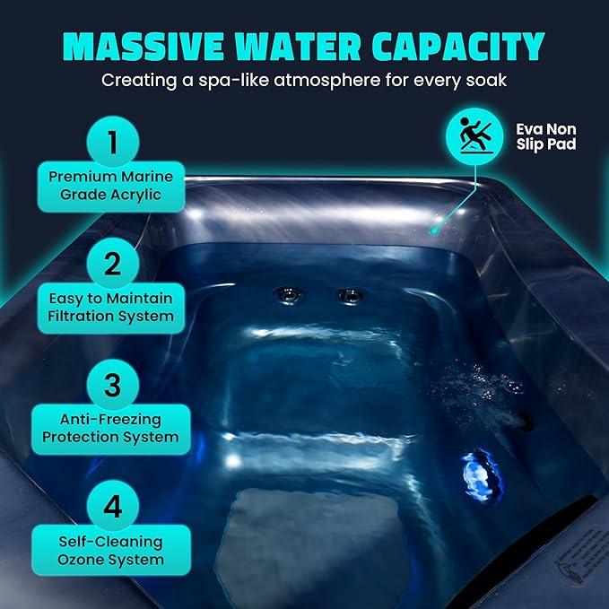 Borealis 69-in. All-in-One Cold Plunge and Hot Tub with Built-in Chiller | Acrylic Interior with 2 Jets, Bluetooth Speakers, Lights, WiFi App Control Chiller for Indoor/Outdoor Use β Blue