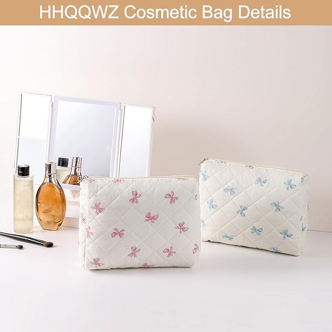 Large Quilted Cotton Makeup Bag Cosmetic Bag for Women, Cute Large Floral Cotton Travel Cosmetic Bag, Zipper Toiletry Bag Makeup Organizer Storage Bag (Blue Bow Tie)