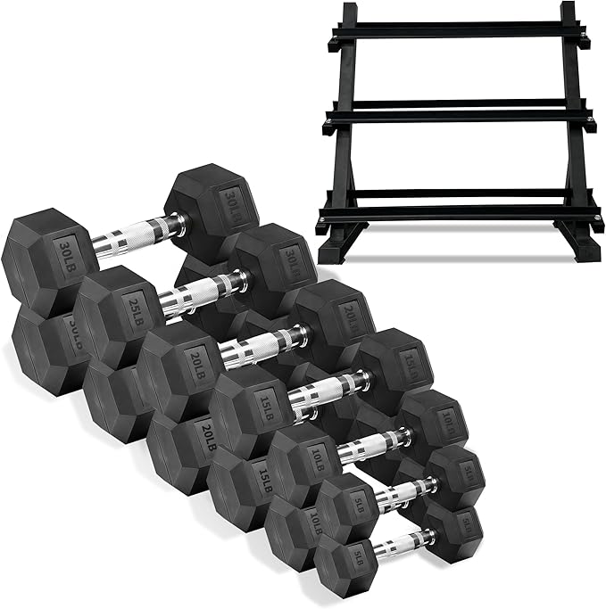 Ritafer 6-10 Pair Hex Rubber Dumbbell Set 350/450 and 550 lbsï¼?-50 lbs )Hand Free Weight for Strength Coated Encased Iron Weights with Dumbbells Storage Rack Home Gym