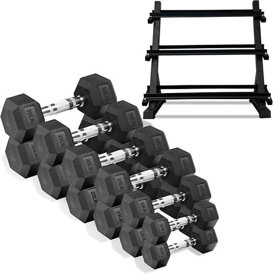 Ritafer 6-10 Pair Hex Rubber Dumbbell Set 350/450 and 550 lbsï¼?-50 lbs )Hand Free Weight for Strength Coated Encased Iron Weights with Dumbbells Storage Rack Home Gym