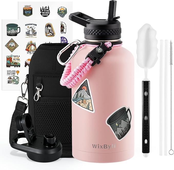 64 oz Insulated Water Bottle with Straw (Cold for 48 Hrs), Half Gallon Stainless Steel Triple Wall Vacuum Sports Water Jug, Leakproof Hydro Cup Flask with Straw Spout Lids & DIY Stickers