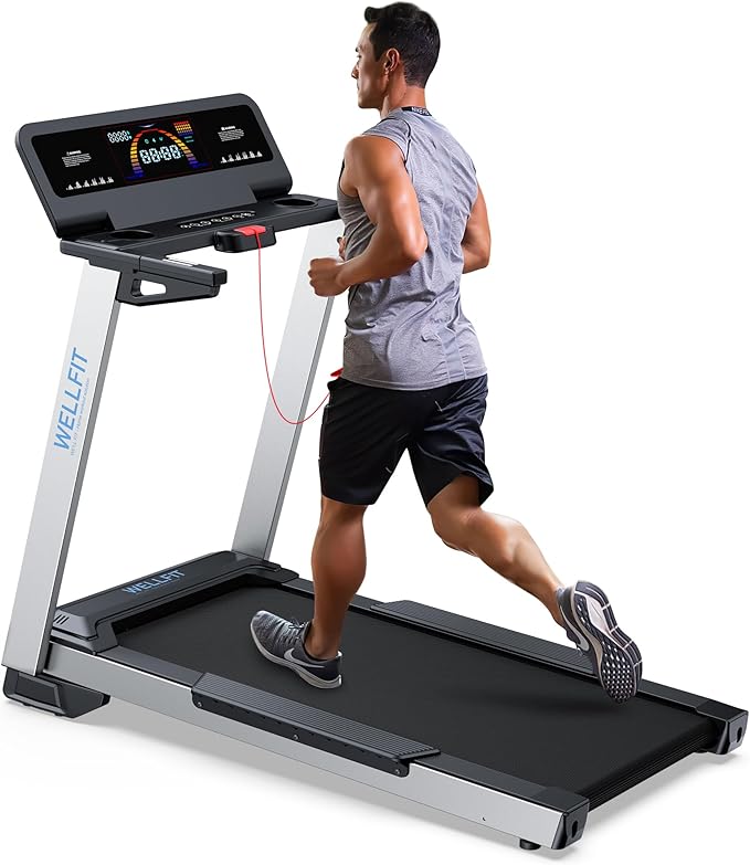 WELLFIT Treadmill for Home, 2 Level Incline Heavyduty Treadmill with Pulse Sensor, 4.0 HP, 1.0-10.0 MPH, 450/360 lbs Capacity, Large Running Area Treadmills with Bluetooth Player & LED Display