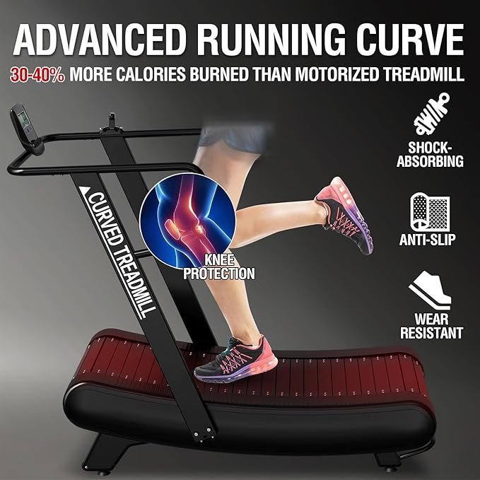Mikolo Curved Manual Treadmill, Non Electric Treadmill with 8 Resistance Levels, LCD Digital Monitor Shock Absorption, Multi-Grip Adjustable Handrails, Non-Slip Belt