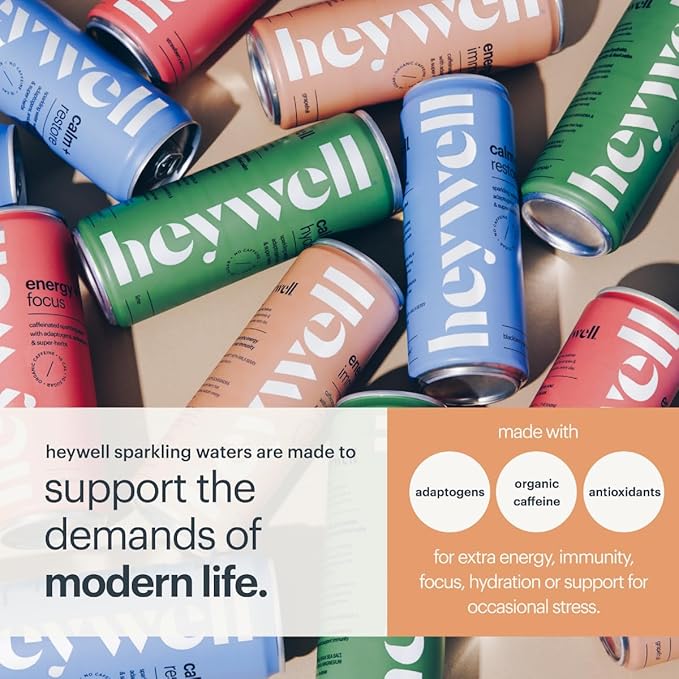 Heywell Sparkling Adaptogenic Water Energy and Focus, Lemon Fizz Flavor 12 Fluid Ounce (Pack of 12) - Caffeinated, Organic, Non GMO, Vegan, Gluten Free, Dairy Free