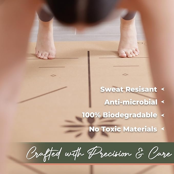 Premium Yoga Cork Mat | 5mm Thick Natural Tree Rubber Base and Bigger Mat for Extra Support, Alignment lines for Guidance | Non-Slip, Natural & Eco-friendly, Your Ultimate Eco-Friendly Yoga Companion