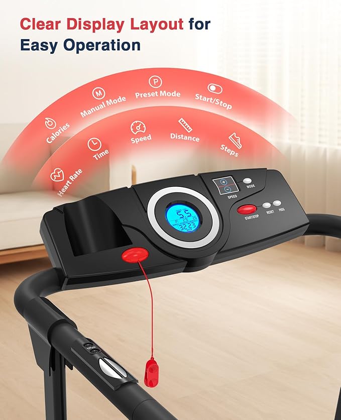 Redliro Treadmill for Seniors with Long Handrails - 300 lbs Capacity Walking Treadmill for Elderly with Cup Holder - Recovery Machine for Home Use with Clear, Non-Scrolling Display (Black)