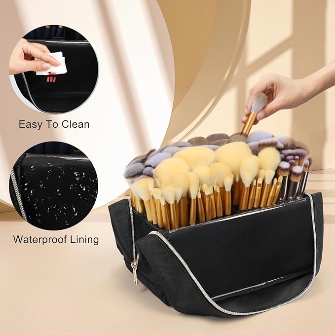 Large Makeup Brush Holder, Portable Stand-up Makeup Brush Organizer Bag, Foldable Makeup Brush Travel Case with Detachable Dividers, Professional Artist Makeup Brush Storage Bag (Brushes Not included)