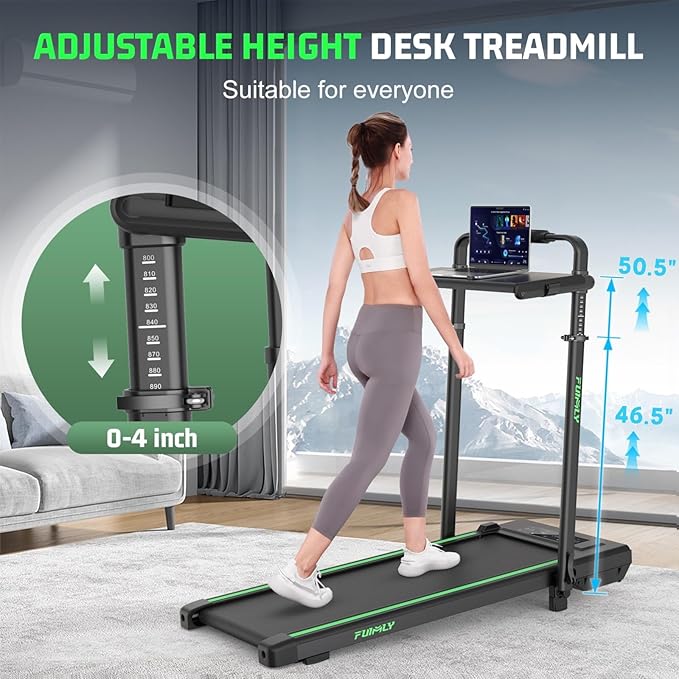 Walking Pad Treadmill with Desk Workstation, 10% Incline Foldable Treadmill with Handrail, 300lbs Capacity, 3 Control Methods, 8 in 1 Folding Treadmills for Home Office