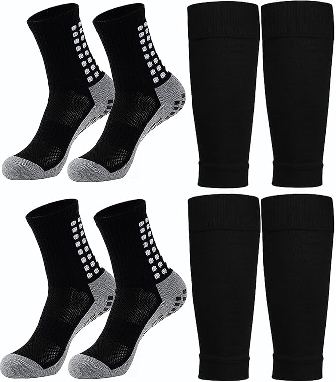 KMOLY 1 Set Soccer Grip Socks,Shin Guard Sleeves for Football Basketball for Men and Women Black/White One Size