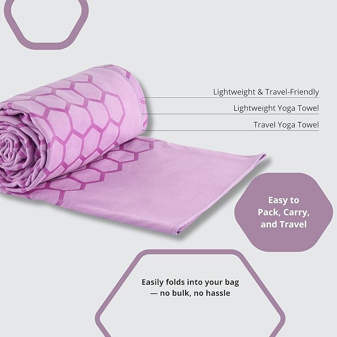 Clever Yoga Non-Slip Hot Yoga Towel – Non-Slip Grip for Hot Yoga, Sweat Absorbent, Honeycomb Silicone Grip, Stays Flat – Ideal for Pilates, Travel, Washable & Lightweight - Lilac