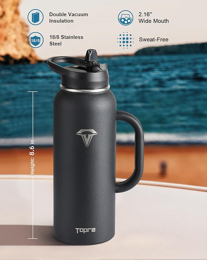 40 oz Insulated Water Bottle with Straw and Lid, Food-grade Double Wall Vacuum Stainless Steel Flask with Handle,Leakproof Metal Travel Jug With Carry Pouch and Brush,Keep Cold & Hot,Black