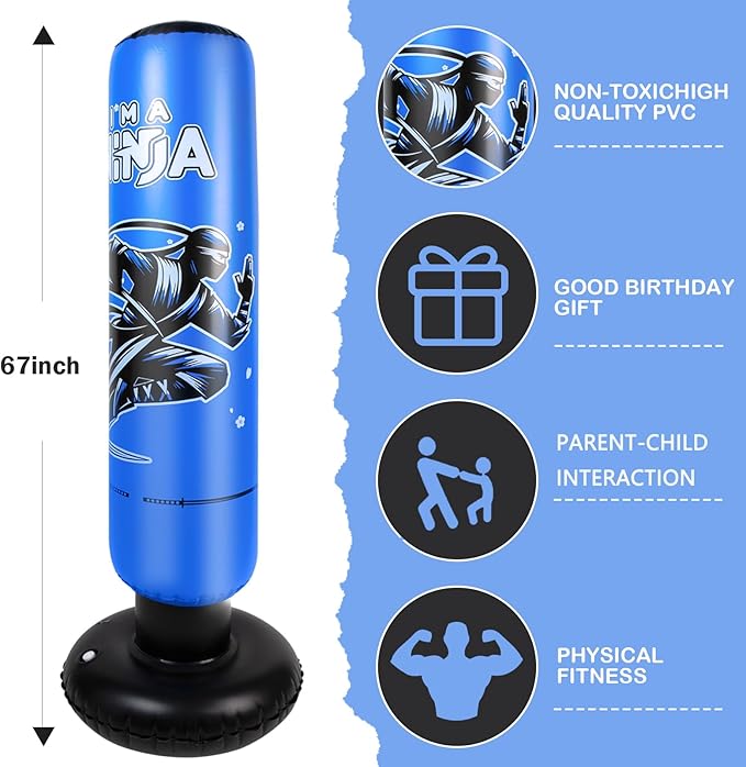 Larger Inflatable Punching Bag for Kids with Boxing Gloves,Tall 66 Inch Ninja Kids Inflatable Boxing Bag,Gifts for Boys & Girls Age 5-12 for Taekwondo,MMA and Practicing Karate