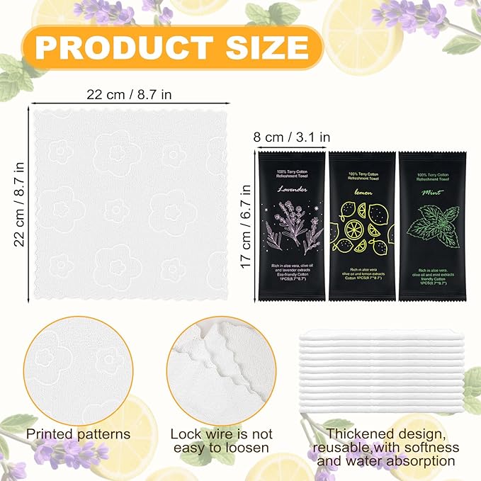 Moist Cotton Towel Bulk Moist Towelettes Individually Wrapped 8.7" x 8.7",White Towel Services,Refreshment Pre Moistened Towels Lavender, Lemon and Mint for Sport Party Spa (pack of 60)