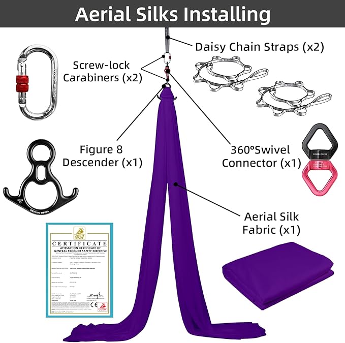 PRIOR FITNESS Aerial Silks Kit Colorful 9/15/20 Yards 40D Nylon Fabric Hammock Set With Hardware & Guide for All Levels Of Aerial Yoga Practice and Acrobatic Flying For Adults Aerial silk