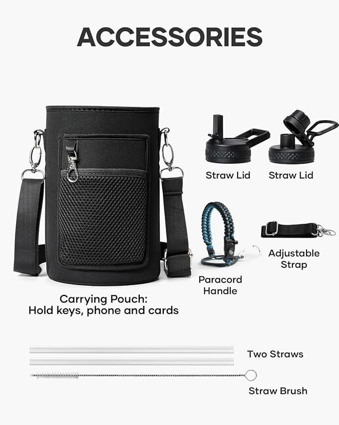 32oz Insulated Water Bottle,Stainless Steel Vacuum Water Bottle, BPA-Free & Leakproof -with Paracord Handle,Strap,Straw Spout Lids,Large Water Jug for Gym Sports