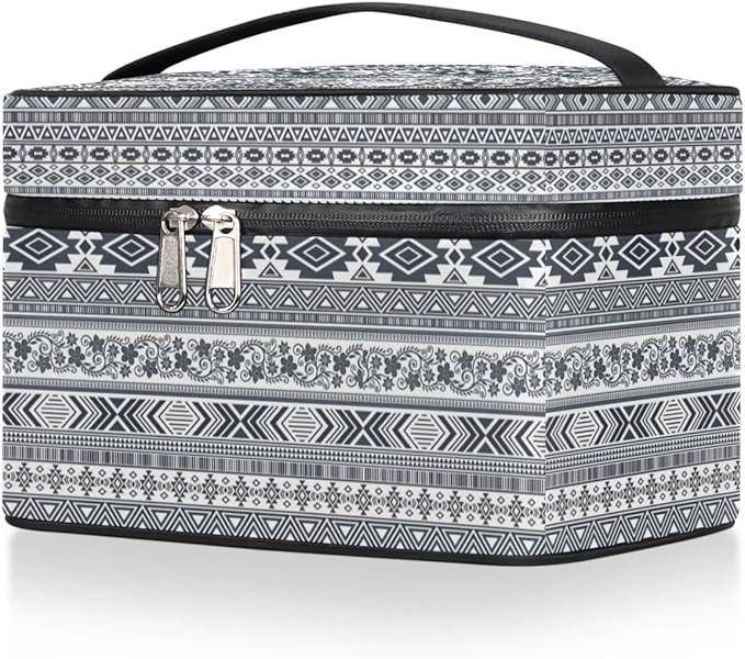 Large Makeup Bag Travel Cosmetic Bags for Women Grey Vintage Boho Geometric Chevron Aztec Makeup Organizer Case Toiletry Bag for Girls Traveling Wide Open Portable Pouch with Handle
