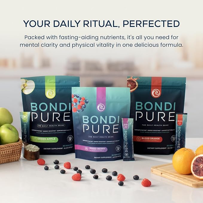Bondi Pure - Daily Health & Detox Drink - Promote Gut Health & Energy Support During a Cleanse or Intermittent Fasting - Plant-Based Fibers, Alkalizing Super Greens - Blood Orange (3-Pack)