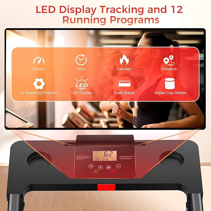 Treadmill with Handles, Portable Small Treadmills for Home and Office, 3.0HP Folding Walking Pad with 300 lbs Capacity, Cup Holder, LED Display and 12 Preset Programs