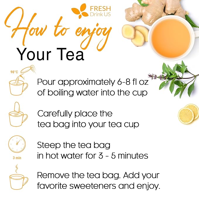 FreshDrinkUS, Premium 75 Tulsi Lemon Ginger Tea Bags, 100% Natural & Pure from Tulsi Holy Basil Leaves, Lemon and Ginger. Made with Natural Material Tea Bags. No Sugar, No Caffeine, Vegan.