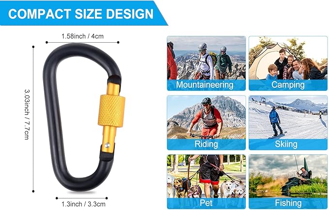10 Pack Aluminum D Ring Key Rings Hiking Clips Locking Carabiner for Hiking Camping Fishing and Outdoor Use,Clips with Screw Gate Multicolored