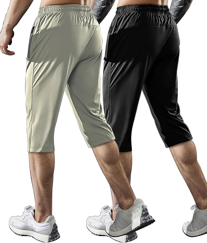Men's Capri Pants 3/4 Joggers Gym/Workout/Hiking Below Knee Long Shorts Lightweight Quick Dry with Zipper Pockets