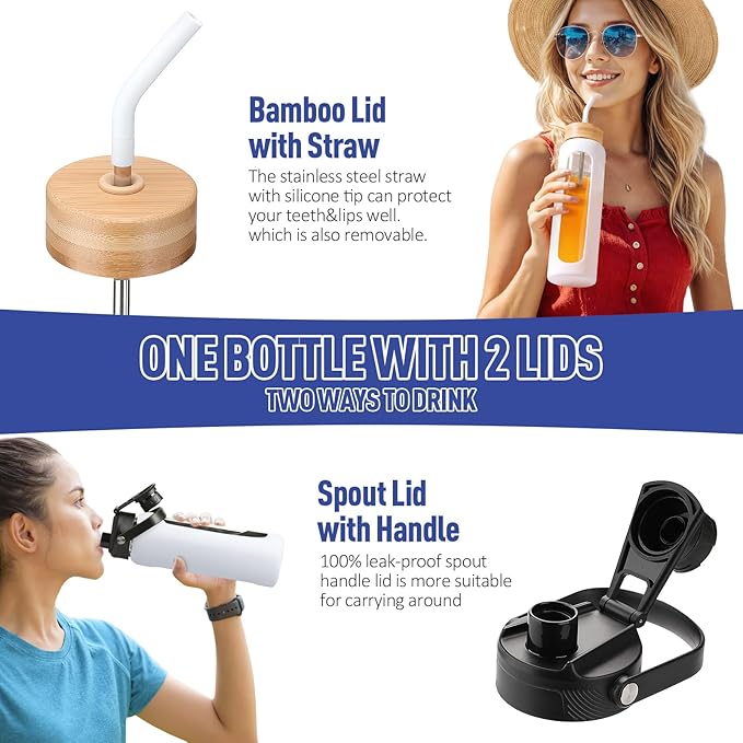 Kodrine Water Bottle with Straw, 24 oz Glass water Bottle with 2 Lids Bamboo Straw Lid and Spout Lid with Handle, 32 oz Clear Water Bottle Glass for Sports Travel, Waterbottle with Time Marker