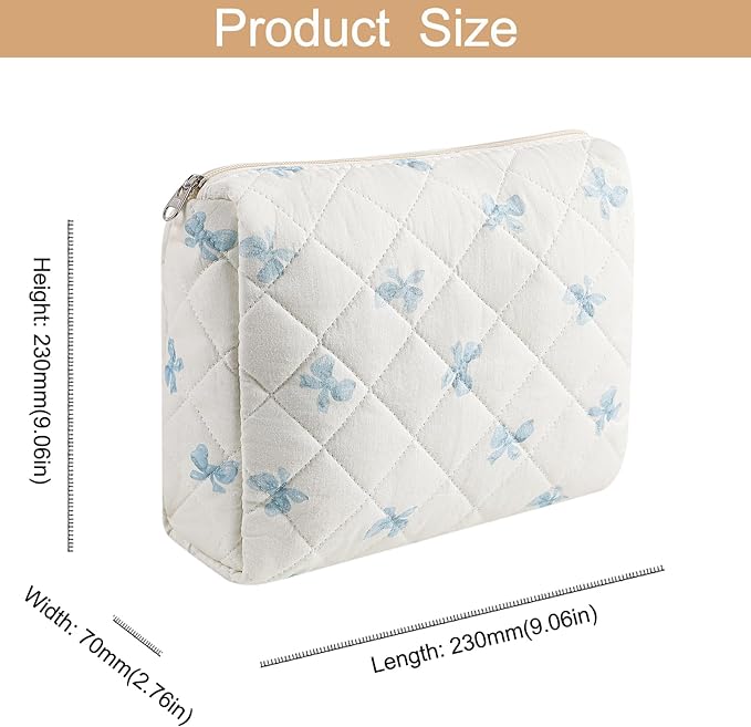 Large Quilted Cotton Makeup Bag Cosmetic Bag for Women, Cute Large Floral Cotton Travel Cosmetic Bag, Zipper Toiletry Bag Makeup Organizer Storage Bag (Blue Bow Tie)