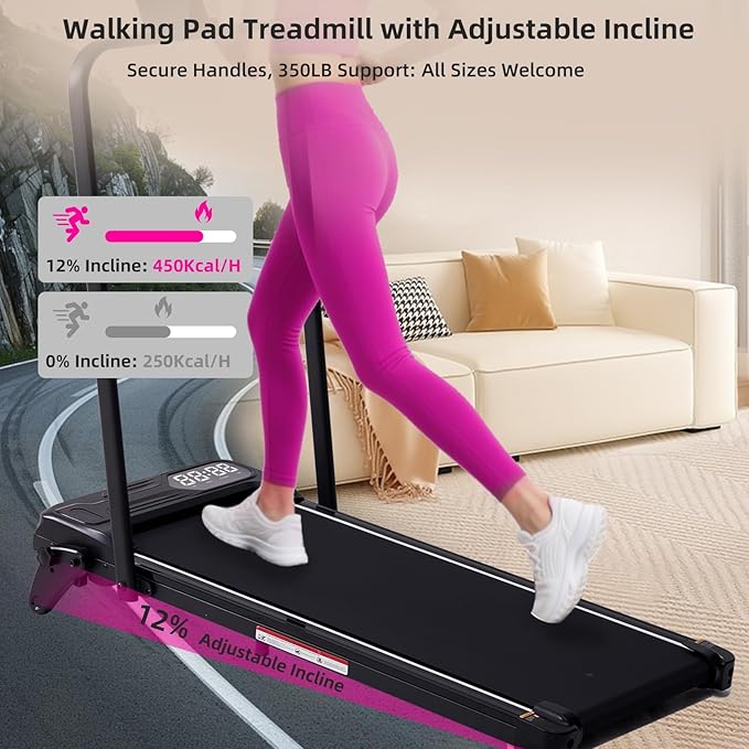 Electric Walking Pad Treadmill with Adjustable Incline and Handle Bar, 3.5HP Small PortableTreadmills for Home Office Small, 4 in 1 Folding Foldable Treadmill with Handles, 0.6-7.6MPH, 350LBS
