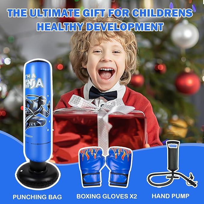 Larger Inflatable Punching Bag for Kids with Boxing Gloves,Tall 66 Inch Ninja Kids Inflatable Boxing Bag,Gifts for Boys & Girls Age 5-12 for Taekwondo,MMA and Practicing Karate