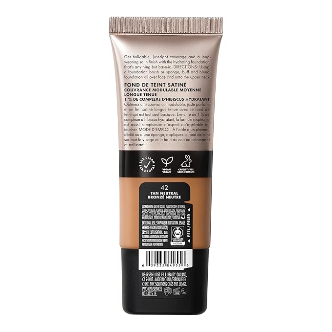 e.l.f. Soft Glam Foundation, Medium Coverage, Long-Lasting & Buildable Foundation For A Smooth, Satin Finish, Vegan & Cruelty-Free, 42 Tan Neutral