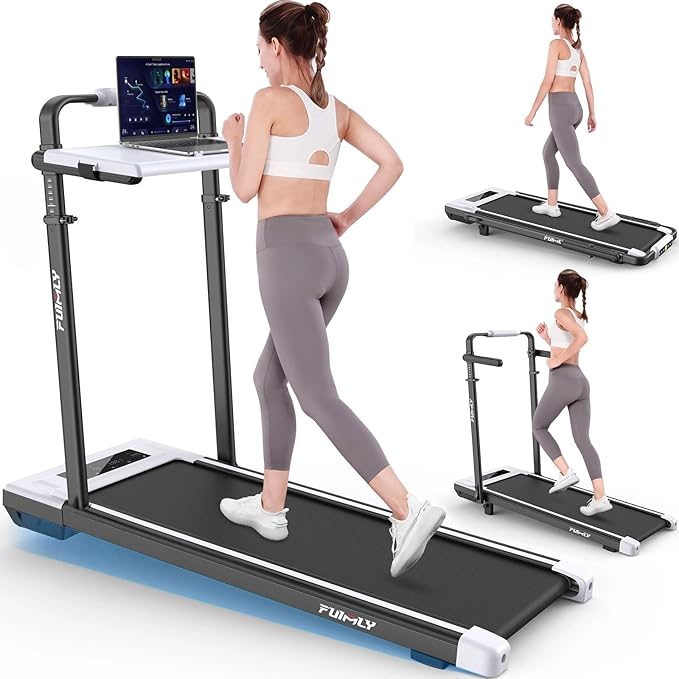 Walking Pad Treadmill with Desk Workstation, 10% Incline Foldable Treadmill with Handrail, 300lbs Capacity, 3 Control Methods, 8 in 1 Folding Treadmills for Home Office