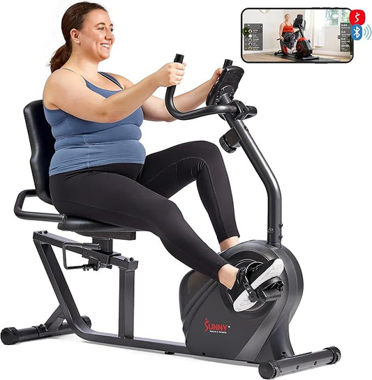 Sunny Health & Fitness Smart Heavy-Duty Recumbent Bike w/Wide Cushioned Seat & Back, Indoor Cycling Machine for Adult/Seniors Home Exercise, Free SunnyFit App Connect, Optional Workout Training Bands