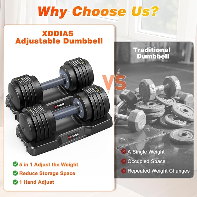 XDDIAS Adjustable Dumbbell Set of 2, 25/55/80LB Dumbbell Set-1Sec Adjustable Weights-5/10 in 1 Free Weights Dumbbells Set with Effortless Tray/No-Slip Handle-Compact Size for Women/Men at Home Gym
