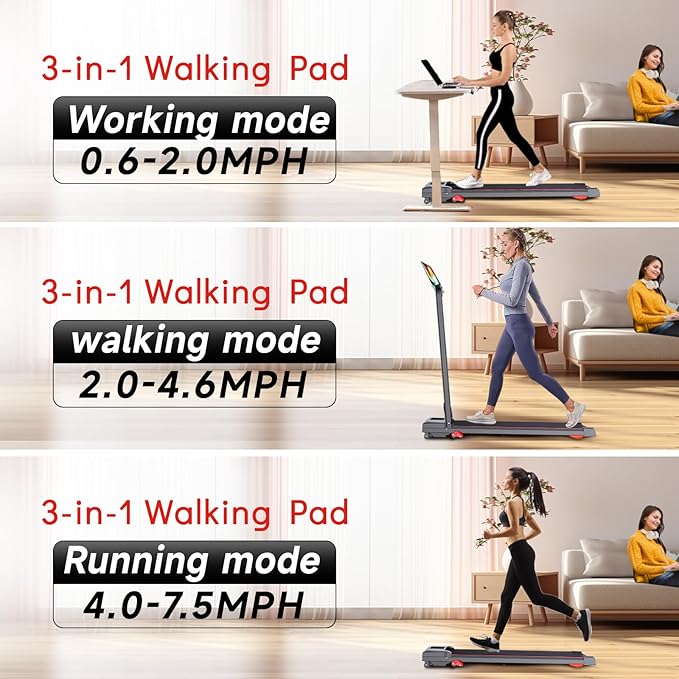 Walking Pad Treadmill with Incline and Handle Bar, 7.5MPH Under Desk Treadmill for Home Office, 360 Lbs Capacity Portable Treadmills with Remote Control, Led Display