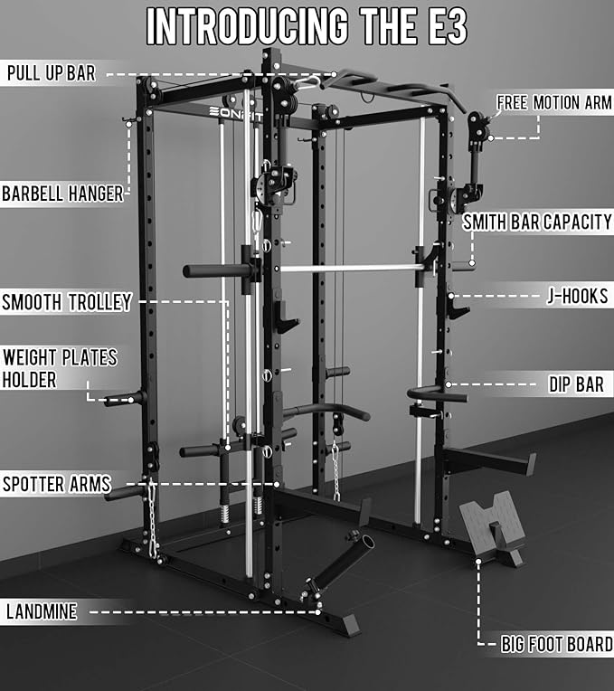 Eonfit E3 Smith Machine with 360°Rotating Arm for Home Gym Equipment, Multi-Function Power Cage Squat Rack with Cable Crossover LAT Pulldown Pulley System All in One