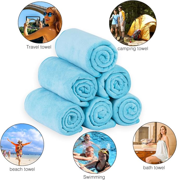 JML Microfiber Bath Towels, Bath Towel Set (6 Pack, 27" x 55") - Extra Absorbent and Fast Drying,Multipurpose Microfiber Towel for Bath, Beach, Pool, Sports, Yoga - Sky Blue