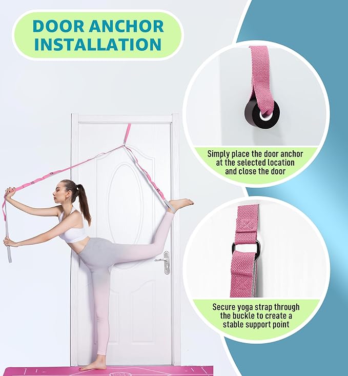 HiRui Stretching Strap Yoga Strap with Door Anchor, 14-Loops Non-Elastic Stretch Straps for Physical Therapy, Pilates, Dance, Gymnastics | Stretch Band with Workout Guide for Women & Men