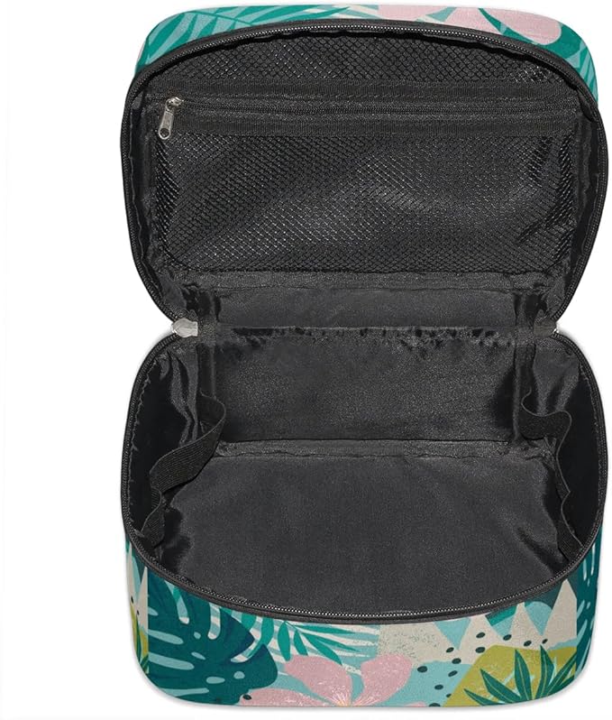 Large Makeup Bag Travel Cosmetic Bags for Women Teal Pink Tropical Palm Flower Floral Makeup Organizer Case Toiletry Bag for Girls Traveling Wide Open Portable Pouch with Handle