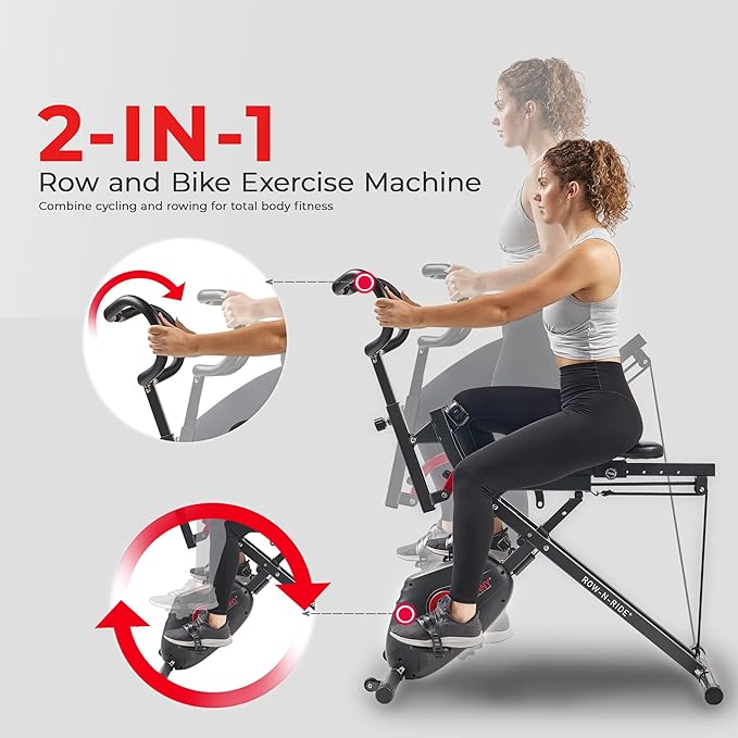 Sunny Health & Fitness Row-N-Ride PRO, Full Body Combo Squat Machine w/Optional Resistance Band, Easy Setup Ab Workout Exercise Equipment for Home, Whole Body Cardio, Optional SunnyFit App Connection