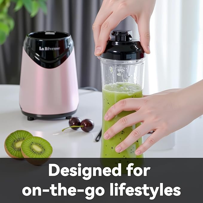 La Reveuse Smoothie Blender Personal Size 300 Watts with 2 Pieces 18 oz BPA-free Travel Sports Bottles,Pink