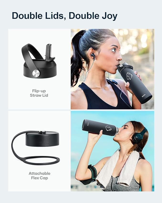 BUZIO 24 oz Insulated Water Bottle, Stainless Steel Wide Mouth Water Flask with Straw Lid, Cold for 48 Hrs Leak Proof Metal Hydro Thermo Canteen Mug, Black