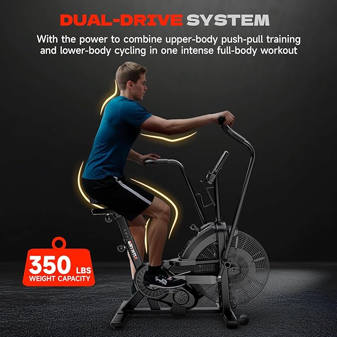 Air Bike, Exercise Bike with Magnetic & Air Resistance Fan Bike, Stationary Bike for Home Cardio Workout, Adjustable Indoor Cycling Bike with APP & Dual Action Handlebars, 350lb Capacity
