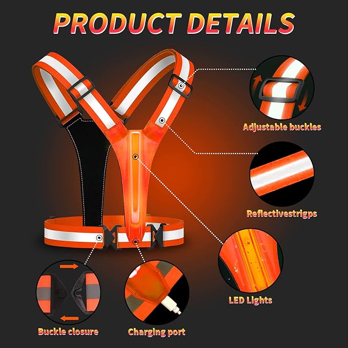 Led Reflective Vest Running Gear,USB Rechargeable Light Up High Visibility Running Vest,6-11hrs Light with Adjustable Waist/Shoulder for Runners Walkers
