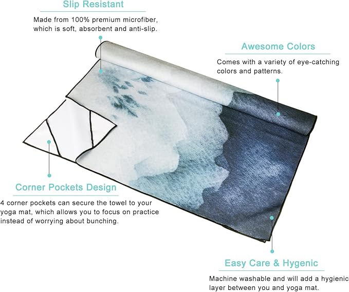 QiyI Yoga Mat Towel with Corner Pockets, Non Slip Sweat Absorbent Hot Yoga Towels, Soft Yoga Blankets with Travel Bag, Skidless Mat Cover for Workout, Gym, Fitness - 70"x26", Watercolor Mountain
